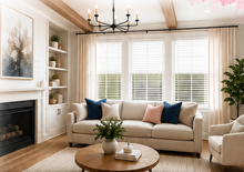 Bright living room with layered blinds from the co-branded flyer